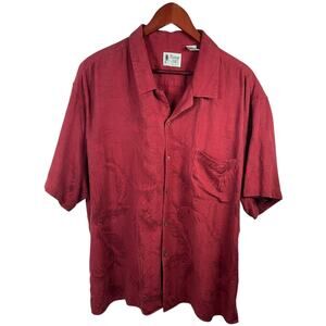 Vintage Silk Red Hawaiian Shirt Palm Jacquard Resort Short Sleeve Button Up